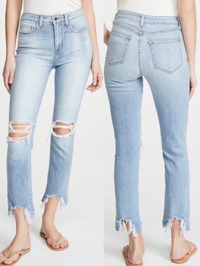 L’AGENCE High Line Distressed Skinny Jeans Classic Braise Chewed Hem Light Wash